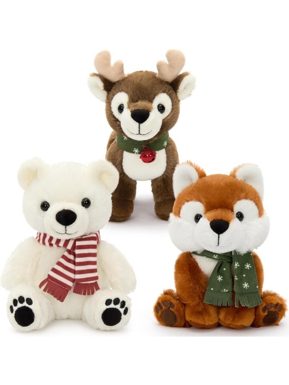 Cozy Christmas Plush Stuffed Animal Set - Reindeer, Polar Bear & Fox, 7 Inch